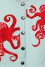 Thumbnail for Soft blue Octopus Cardigan featuring red embroidered motifs, dark buttons and ribbed knit detailing.
