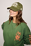 Thumbnail for Olive Amara Cap in olive green cotton with a white embroidered heart and floral motif on the front.