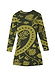 Olive Amara Knit Mini Dress in khaki with lime green iconic motifs including flowers, eyes, and hearts.