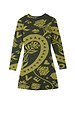 Olive Amara Knit Mini Dress in khaki with lime green iconic motifs including flowers, eyes, and hearts.