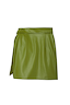 Olive green vegan leather mini Jaspre wrap skirt for petite sizes on a white background.