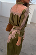 Olive and Pink Lace Marley Shirt with pink lace panels on the back and sleeves, styled with a matching lace skirt.