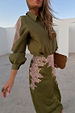 Olive & Pink Lace Marley Shirt with pink lace sleeves, styled with a matching lace skirt in a vacation setting.