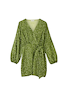 Thumbnail for Olive Sequin Mini Vienna Dress with a wrap tie waist and voluminous sleeves in a sparkling green finish.