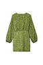 Olive Sequin Mini Vienna Dress in green with balloon sleeves and gathered waist, shown from the back.