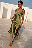 Thumbnail for Olive Sofia Dress in olive green satin featuring tie-knot shoulders, a bias-cut silhouette and a side split.