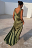 Olive Sofia Dress in green satin featuring bias-cut panels and tie-shoulder details, shown from the back.