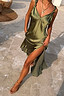 Thumbnail for Olive green satin Sofia Dress featuring tie-knot shoulders, a side split and a fluid bias-cut drape.
