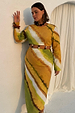 Green Ombre Alba Dress with long sleeves, waist cut-outs and stone beads, styled in earthy tones for inclusive sizing.
