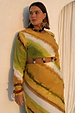 Green Ombre Alba Dress in earthy tones, featuring a waist cut-out with stone beads on a model in UK size 18.