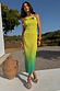 Lime Ombre Plisse Claudia Dress with gold flecks and frilled neckline for summer vacations.