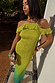 Lime Ombre Plisse Claudia Dress with gold flecks and frilled cold shoulder sleeves.