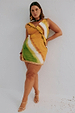 Green Ombre Deia Mini Dress with earthy tones and raffia trim, highlighting inclusive sizing and curve fashion.