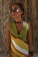 Green Ombre Deia Dress in earthy tones featuring a V-neckline and textured raffia shoulder trim.