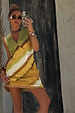 Green Ombre Deia Mini Dress with earthy green and yellow tones and a textured raffia trim hem.