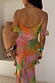 Multi-coloured Ombre Jacquard Faro Dress featuring tiered ruffles, silver metallic yarn and multi-wear sleeves.