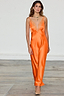 Thumbnail for Orange Lily midaxi dress in silky satin featuring a lace V-neckline, shown on a model.