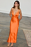 Thumbnail for Orange Lily Dress in vibrant silky satin with a delicate lace-trimmed V-neckline and a feminine silhouette.
