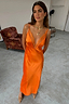 Thumbnail for Orange Lily Dress in silky satin with a lace-trimmed V-neckline, perfect for feel good dressing.