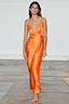 Orange Lily Dress in silky satin featuring a deep V-neckline with sheer lace trim.