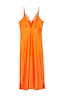 Orange Lily Dress in satin with a deep V-neckline, orange lace detailing and adjustable straps.