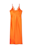 Thumbnail for Orange Lily midaxi dress in silky satin with delicate lace trim at the neckline and adjustable straps.
