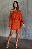 Orange Sequin Tilly Dress featuring an asymmetric off-the-shoulder neckline and mini length.