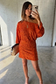 Thumbnail for Burnt Orange Sequin Tilly Dress with an off-the-shoulder silhouette, styled in a mirror selfie for dopamine dressing.