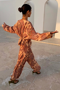 Peach Paisley Anna Top and matching balloon trousers, a summer co-ord featuring a tie waist.