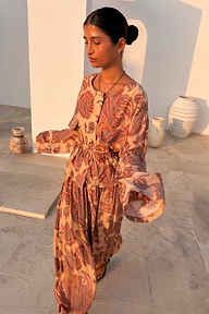 Peach Paisley Anna Top with long sleeves and a tie waist worn as a co-ord.