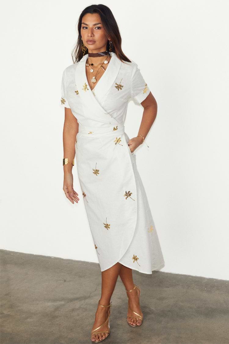 White Cotton Linen Brooklyn Dress with gold metallic palm fleck, wraparound collar and tie waist.