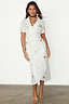 White cotton linen Brooklyn wrap dress with metallic gold palm flecks and a wraparound collar.