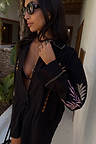 Black Palm Embroidered Shirt in cotton with palm motifs on the sleeves and yellow whipstitch detailing.