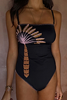 Black bandeau swimsuit featuring palm embroidery and pink whipstitch detailing, designed in London.