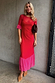 Red and Pink Katie midi dress with sheer mesh and contrast pink tiered frills on the sleeves and hem.