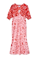 Pink and Red May Dress featuring sun and palm motifs, pleated cups and puff sleeves in a body-sculpting midi fit.