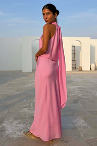 Pink Daphne Skirt and halter top with a long scarf detail, designed in London for a vacation look.