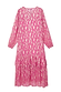 Pink Jacquard Harmony Dress featuring a gold animal print, tiered skirt, and long sleeves with tassel neck detail.