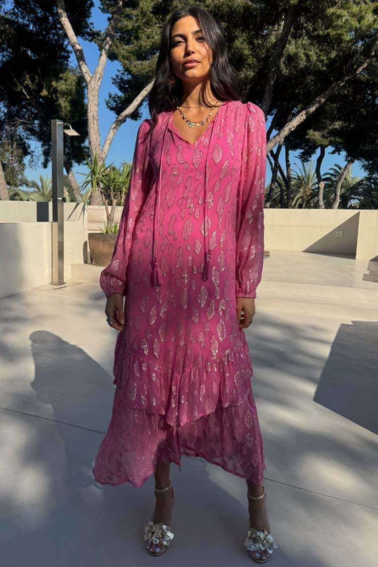 Pink Jacquard Harmony Dress with gold animal print, tassel neck ties and a flowy tiered hem.