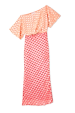 Pink and Red Jacquard Tilly Dress featuring an off-the-shoulder silhouette and sparkling gold dots.