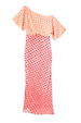 Pink and Red Jacquard Tilly Dress with metallic gold dots and an off-the-shoulder silhouette.