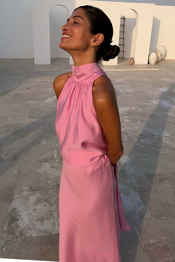 pink dress top Women's Pretty Poised Textured Cotton Sleeveless Button Front Shirt | Size: L style with the matching moment maxi skirt for a gorgeous two piece set look Women's Adorably Darling Sweater Knit