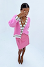 Pink Sadie Cardigan and Pink Vegan Leather Mini Jaspre wrap skirt on a model against a white background.
