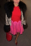 Thumbnail for Red and Pink Mini Monika Dress featuring a scalloped waist and pleated skirt, styled with a leopard print jacket.