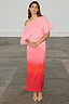 Pink Ombre Tilly Dress in pink and red plisse with gold shimmer flecks and a midi-length hem.
