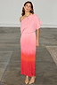 Pink Ombre Tilly Dress in plisse with gold shimmer flecks and a one-shoulder neckline, shown on a model.