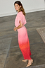 Thumbnail for Pink and red ombre Tilly midi dress in gold shimmer plisse with short sleeves, shown in a side view on a model.