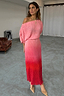 Pink Ombre Tilly Dress in plisse with gold shimmer flecks, featuring an off-the-shoulder neckline and midi length.