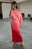 Thumbnail for Pink and red ombre Tilly Dress in gold shimmer plisse, styled as a one-shoulder midi dress in a mirror selfie.