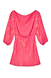 Pink Safari Mini Tilly Dress featuring pink palm-print jacquard, elasticated waistband and 3/4 length sleeves.